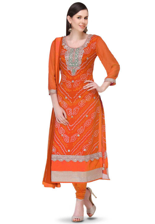 Bandhej Printed Pure Chinon Crepe Straight Suit in Orange