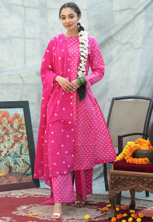 Bandhej Printed Pure Cotton Pakistani Suit in Pink