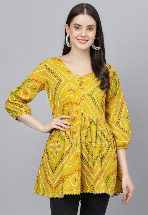 Bandhej Printed Pure Cotton Peplum Style Top in Mustard