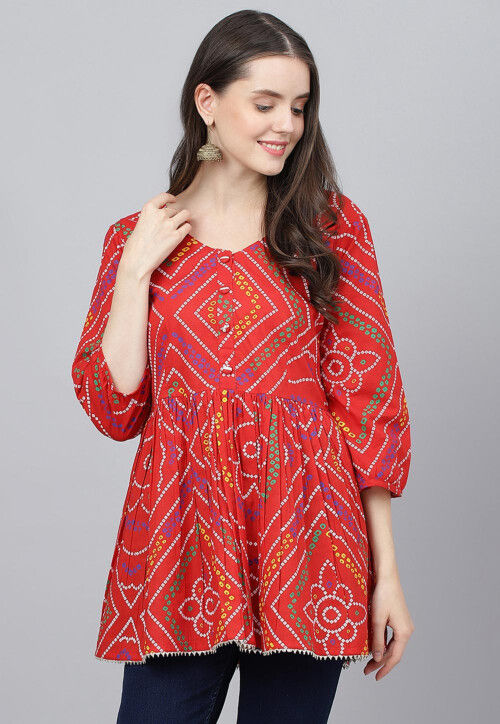 Bandhej Printed Pure Cotton Peplum Style Top in Red