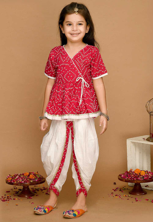 Bandhej Printed Pure Cotton Peplum Style Top Set in Magenta