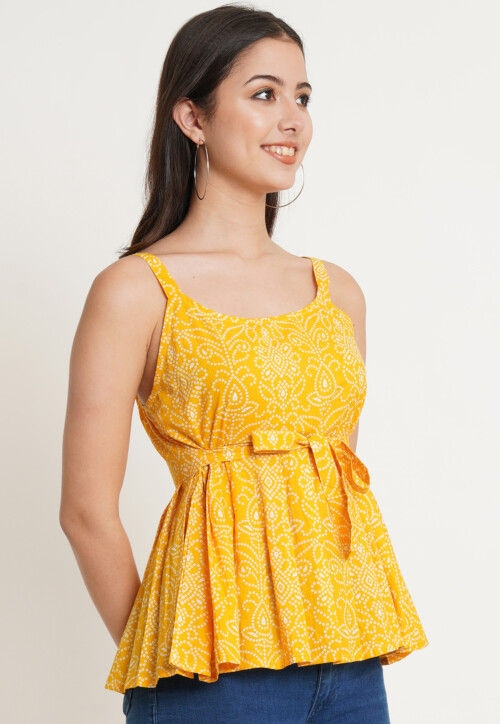Bandhej Printed Pure Cotton Top in Yellow