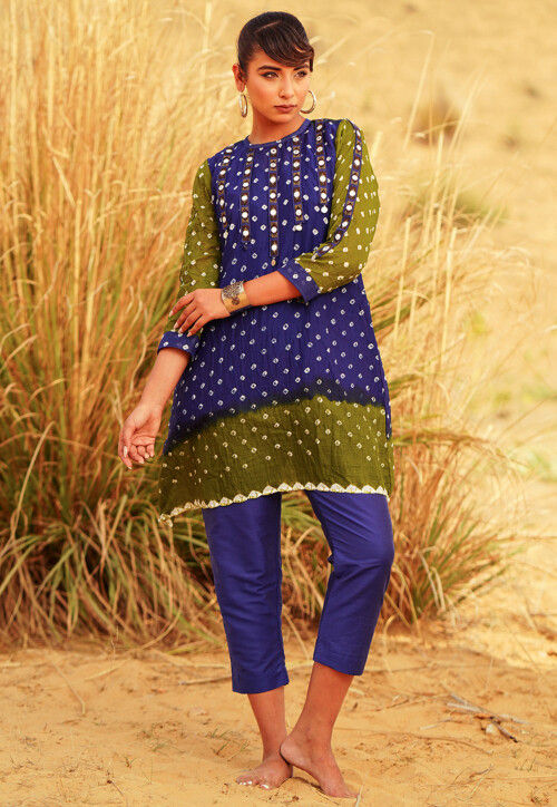 Bandhej Printed Pure Cotton Tunic Set in Navy Blue and Green