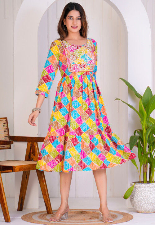 Bandhej Printed Rayon A Line Kurta in Multicolor