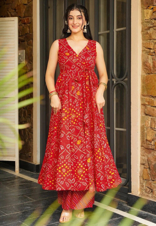Bandhej Printed Rayon Anarkali Kurta Set in Red