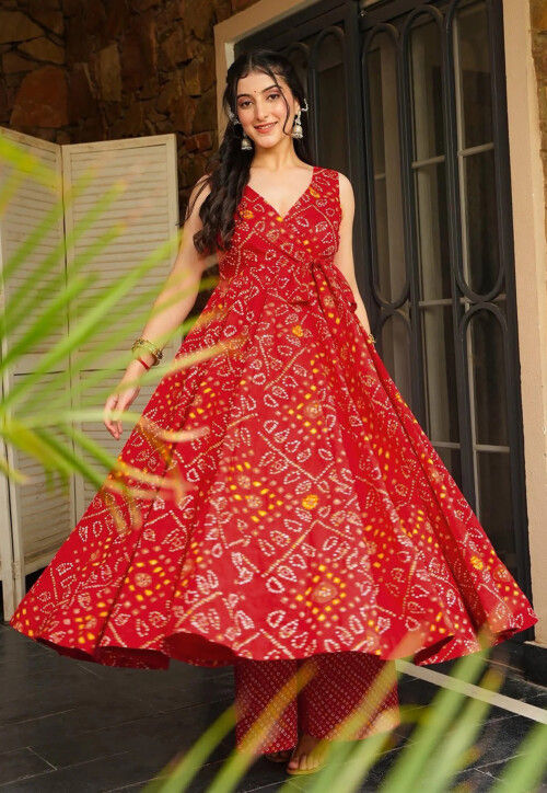 Bandhej Printed Rayon Anarkali Kurta Set in Red