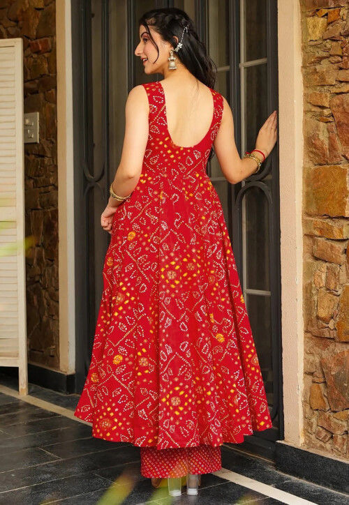 Bandhej Printed Rayon Anarkali Kurta Set in Red