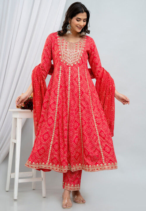 Bandhej Printed Rayon Anarkali Suit in Fuchsia
