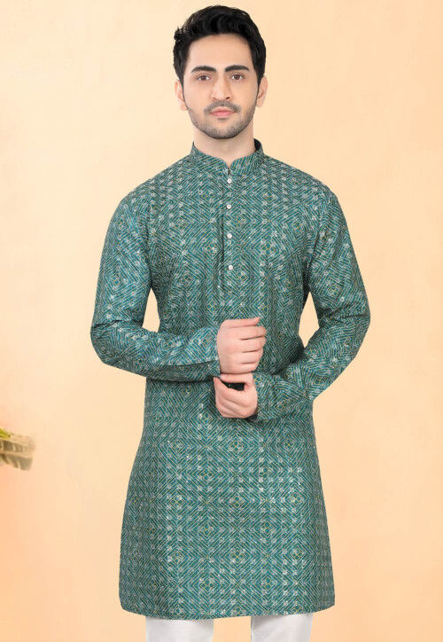 Bandhej Printed Rayon Kurta in Teal Green