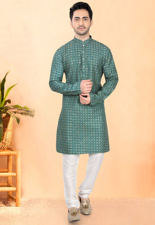 Bandhej Printed Rayon Kurta Set in Teal Green