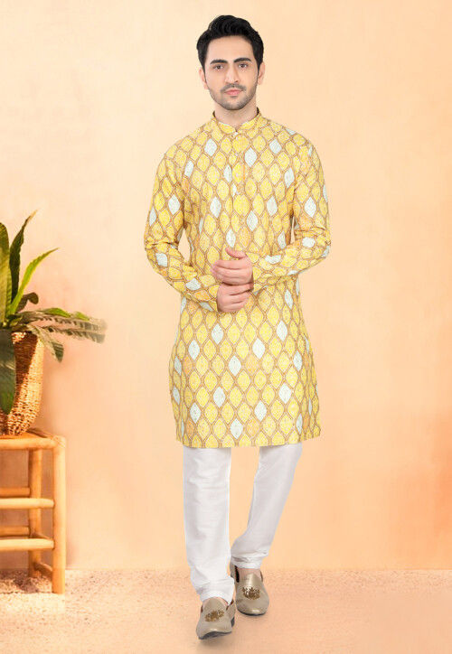 Bandhej Printed Rayon Kurta Set in Yellow