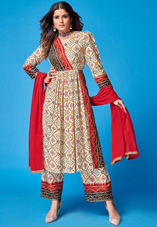 Bandhej Printed Rayon Pakistani Suit in Beige