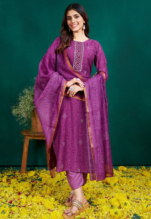 Bandhej Printed Rayon Pakistani Suit in Purple