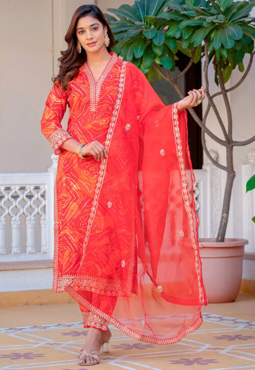 Bandhej Printed Rayon Pakistani Suit in Red