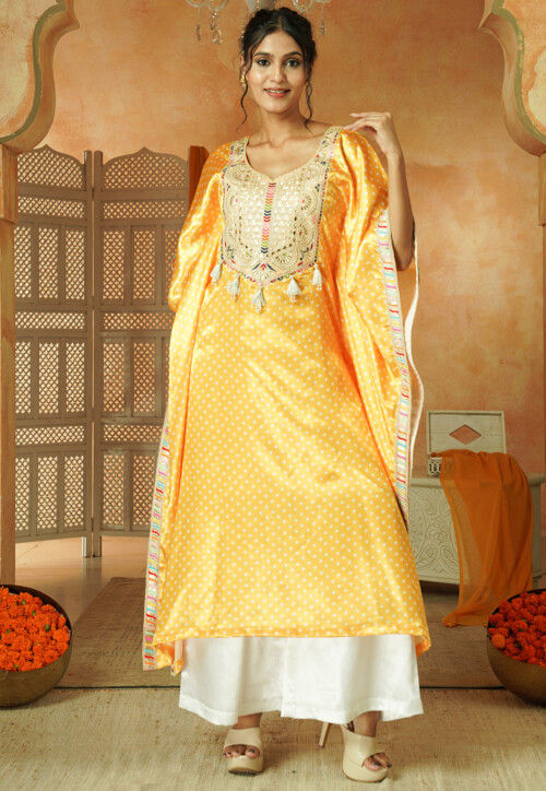 Bandhej Printed Satin Kaftan Kurta Set in Yellow