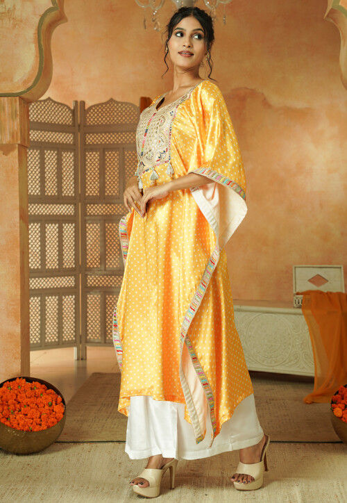 Bandhej Printed Satin Kaftan Kurta Set in Yellow
