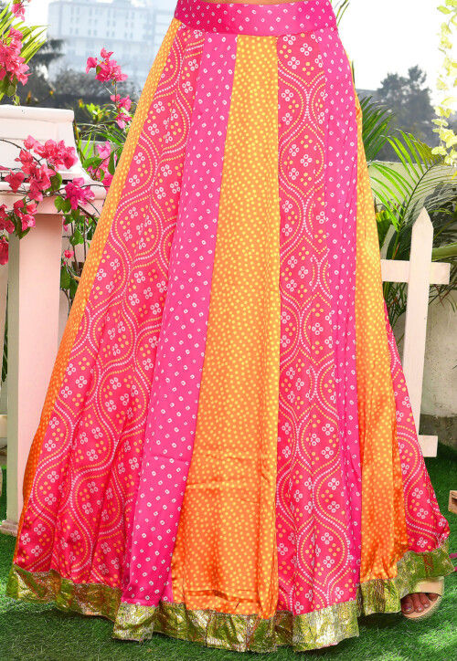 Bandhej Printed Satin Silk A Line Skirt in Multicolor : BSM75