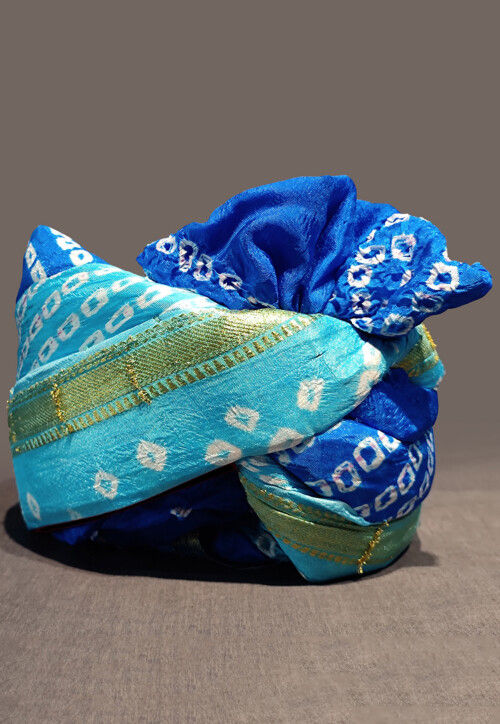 Bandhej Printed Taffeta Silk Turban in Shaded Blue
