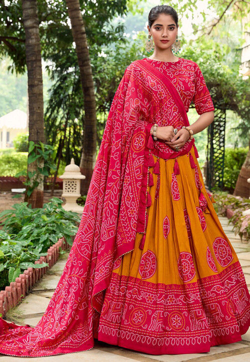 Bandhej Printed Tussar Silk Lehenga in Mustard