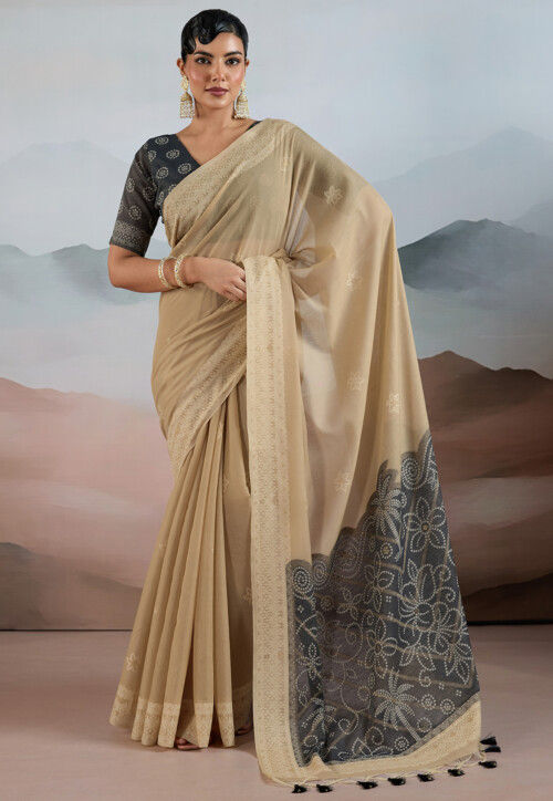 Bandhej Printed Viscose Cotton Saree in Beige