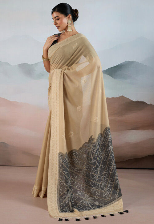 Bandhej Printed Viscose Cotton Saree in Beige