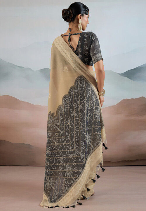 Bandhej Printed Viscose Cotton Saree in Beige
