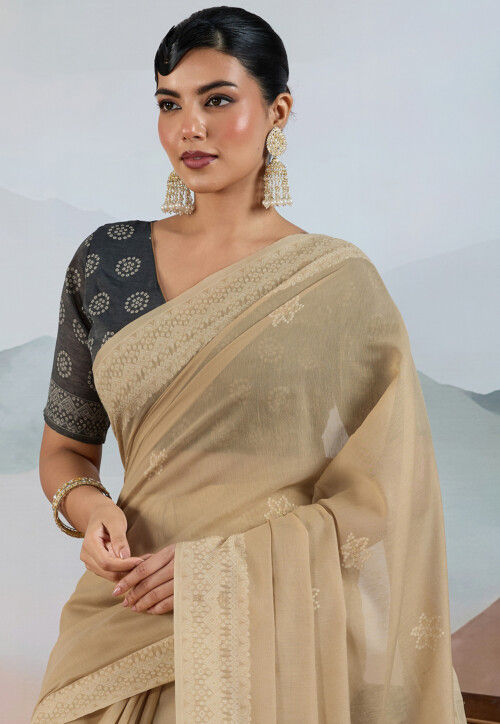 Bandhej Printed Viscose Cotton Saree in Beige
