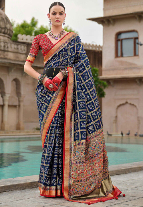 Bandhej Printed Viscose Silk Saree in Navy Blue