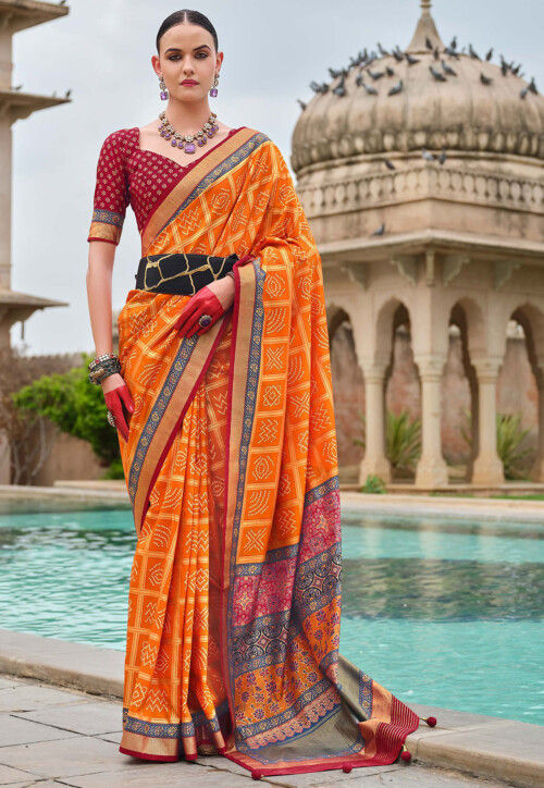 Bandhej Printed Viscose Silk Saree in Orange