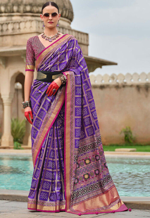Bandhej Printed Viscose Silk Saree in Purple