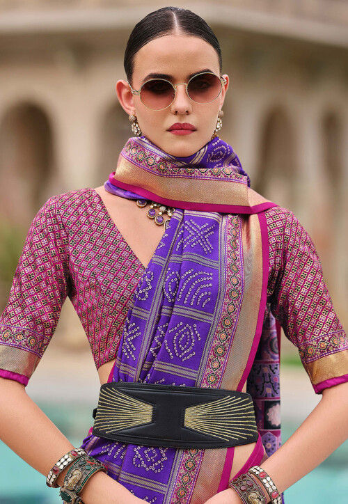 Bandhej Printed Viscose Silk Saree in Purple