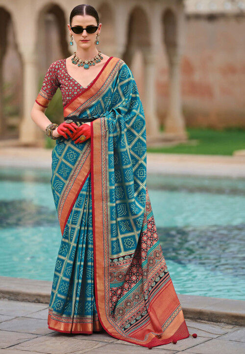 Bandhej Printed Viscose Silk Saree in Teal Blue