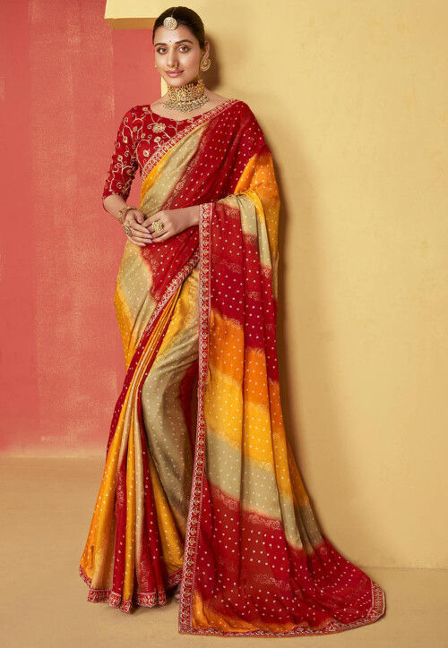 Bandhje Printed Chiffon Saree in Multicolor