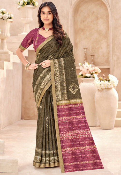 Batik Printed Art Silk Saree in Dusty Green