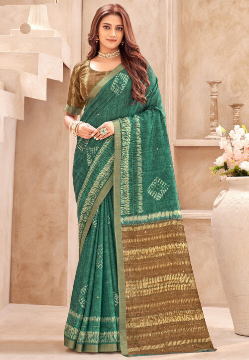 Batik Printed Art Silk Saree in Teal Green