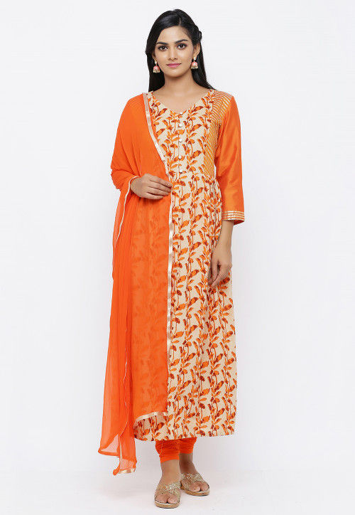 Batik Printed Cotton A Line Suit in Beige and Orange
