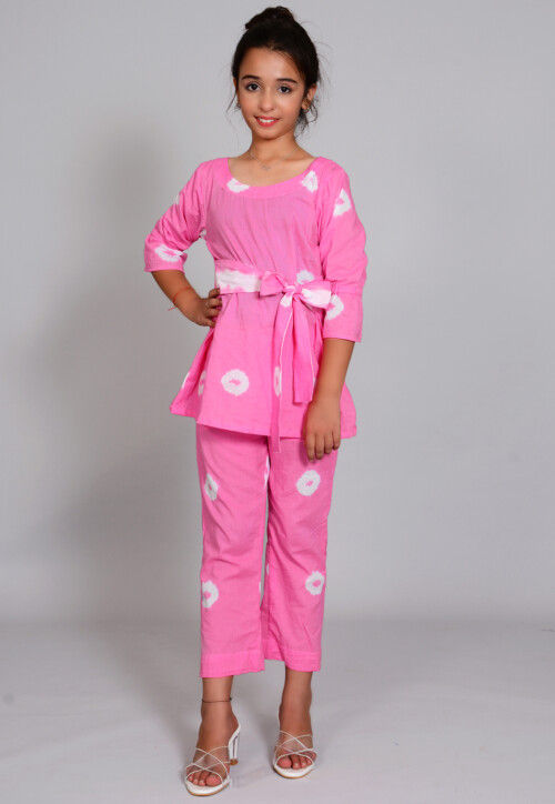 Batik Printed Cotton Long Tied Up Top Set in Light Pink