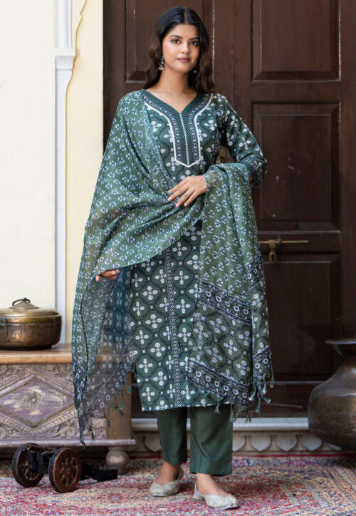 Batik Printed Cotton Pakistani Suit in Green