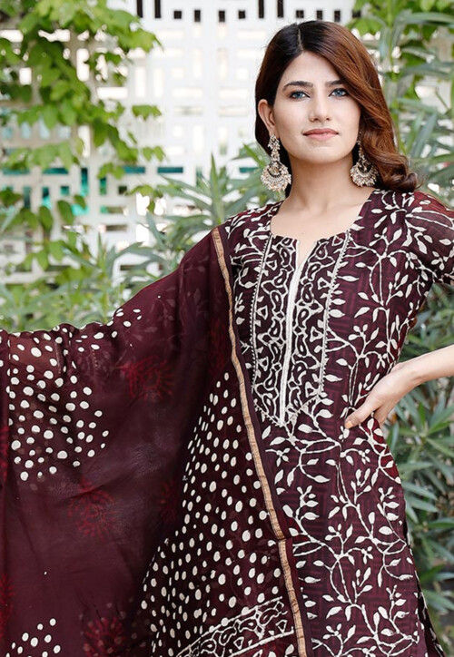 Buy Batik Printed Cotton Pakistani Suit in Maroon Online : KMM90 ...