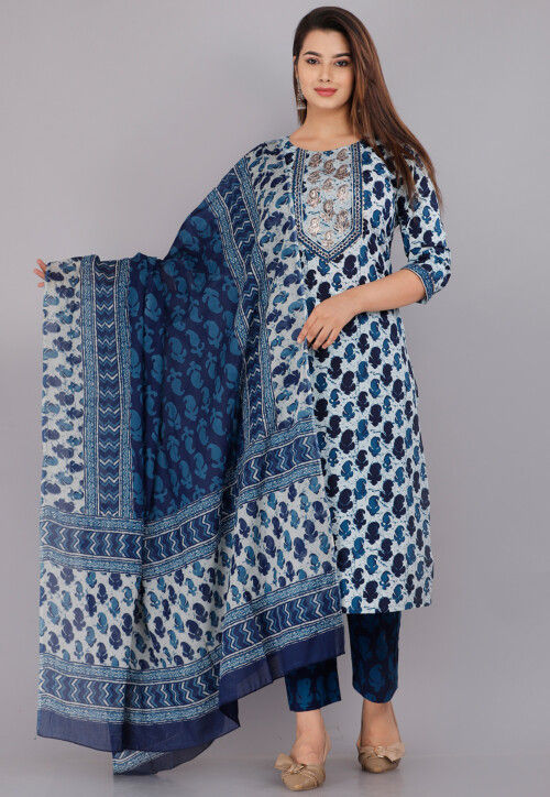 Batik Printed Cotton Pakistani Suit in Sky Blue
