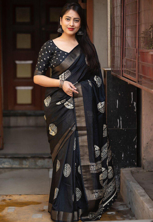 Buy Batik Printed Cotton Saree in Black Online SCCA164 Utsav