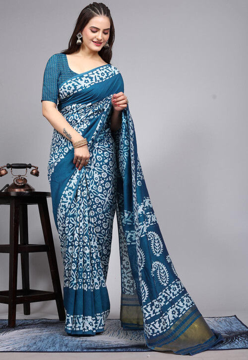 Batik Printed Cotton Saree in Blue