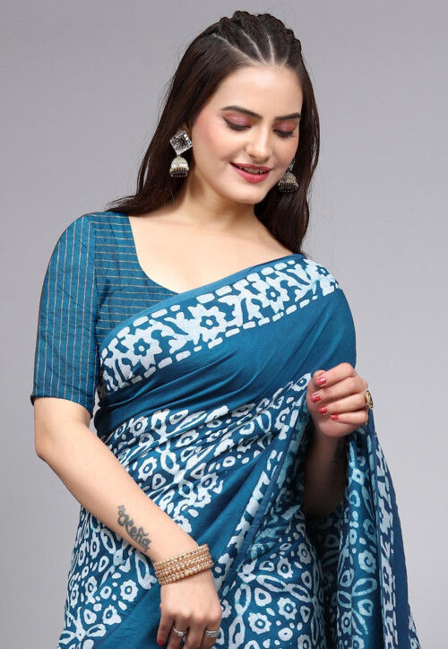 Batik Printed Cotton Saree in Blue