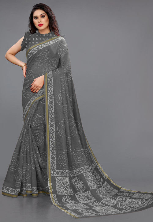 Batik Printed Cotton Saree in Dark Grey