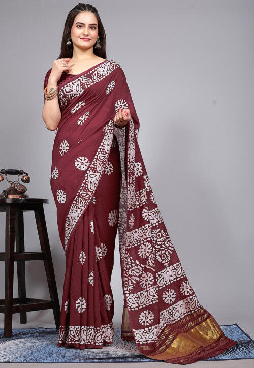 Batik Printed Cotton Saree in Maroon