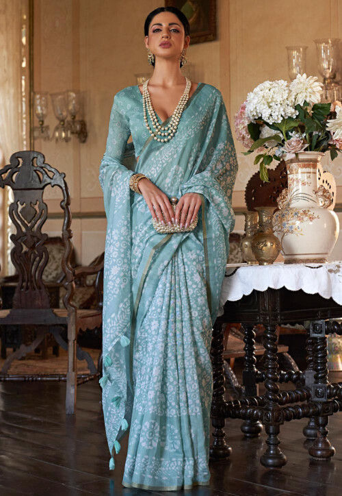 Buy online Linen Silk Sarees with Silver Zari motifs and Rich Pallu - Light  Green-AF402