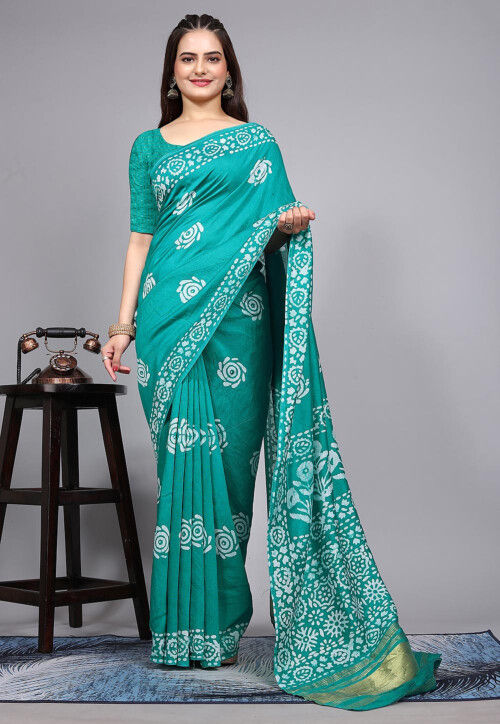 Batik Printed Cotton Saree in Teal Green