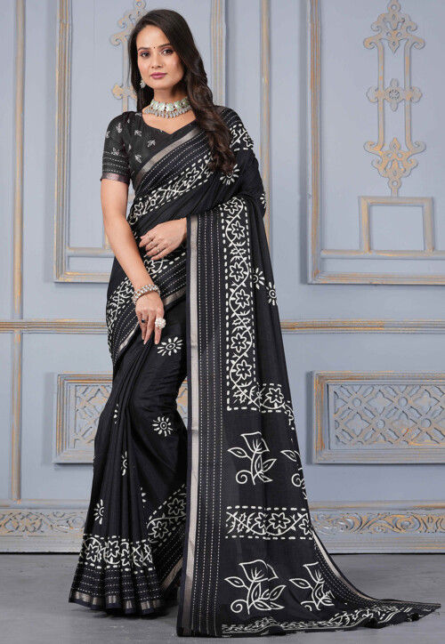 Batik Printed Cotton Silk Saree in Black