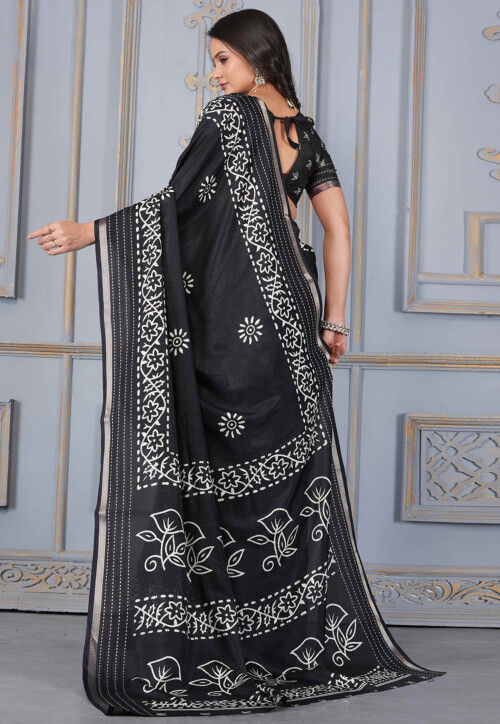 Batik Printed Cotton Silk Saree in Black