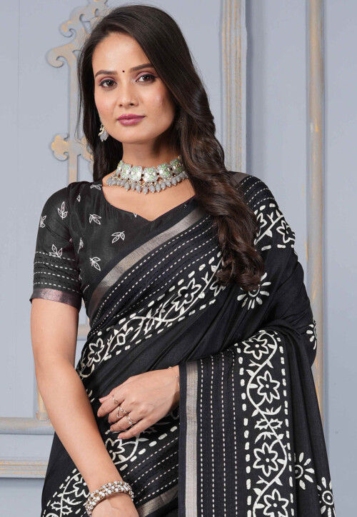 Batik Printed Cotton Silk Saree in Black